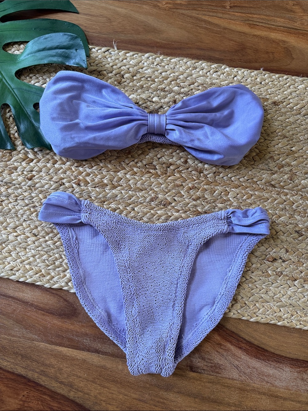 Hunza G Swim Lavender Super Smocked Bikini Set Strapless Bandeau Bow Top